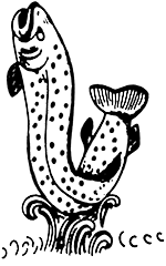 Das Hauswappen des Lokals, eine Forelle, die aus dem Wasser springt.